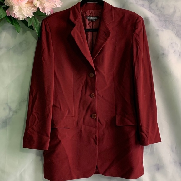 Vintage 90s Giorgio Armani Red 100% Wool Long Sleeve Three Button Blazer Size 12 - Picture 2 of 9